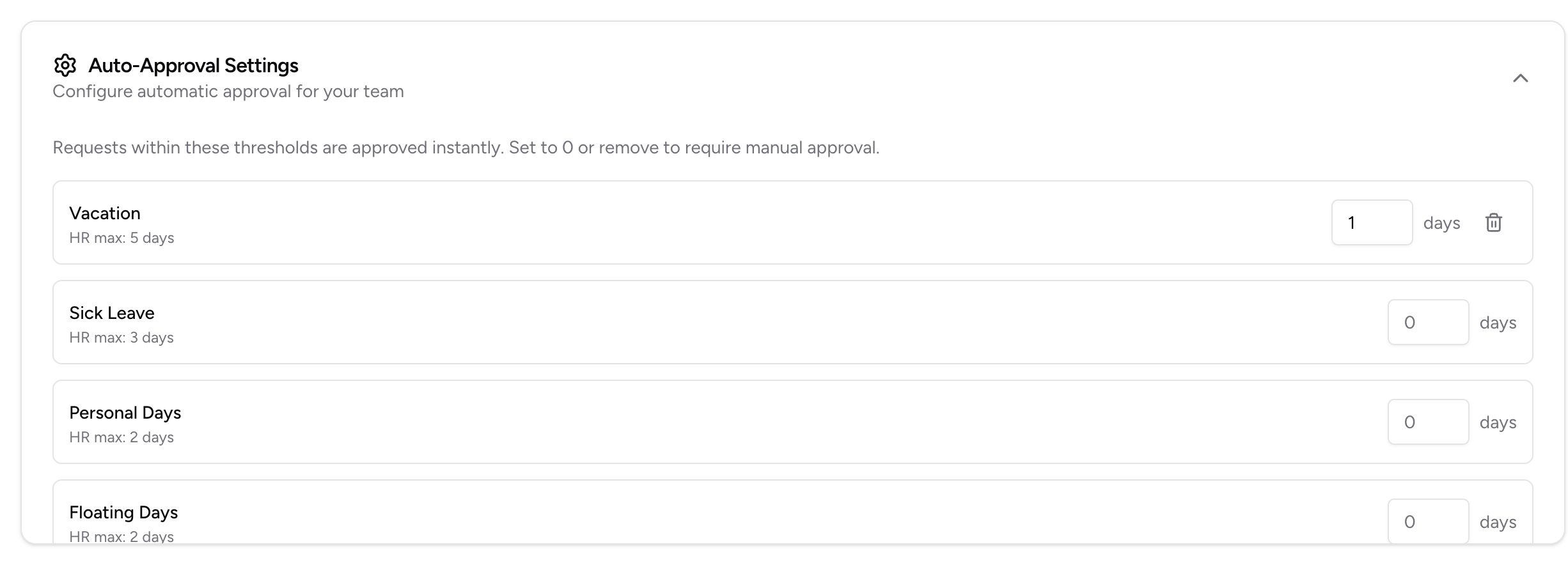 Clara's admin panel titled Auto-Approval Settings, showing per-request-type day thresholds. Requests within the limits are approved instantly; setting a type to zero requires manual approval.